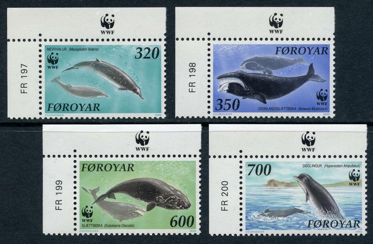 Faroe Islands: 1990 Wwf Whales And Dolphins Sheet Corner Singles (208-211) Mnh