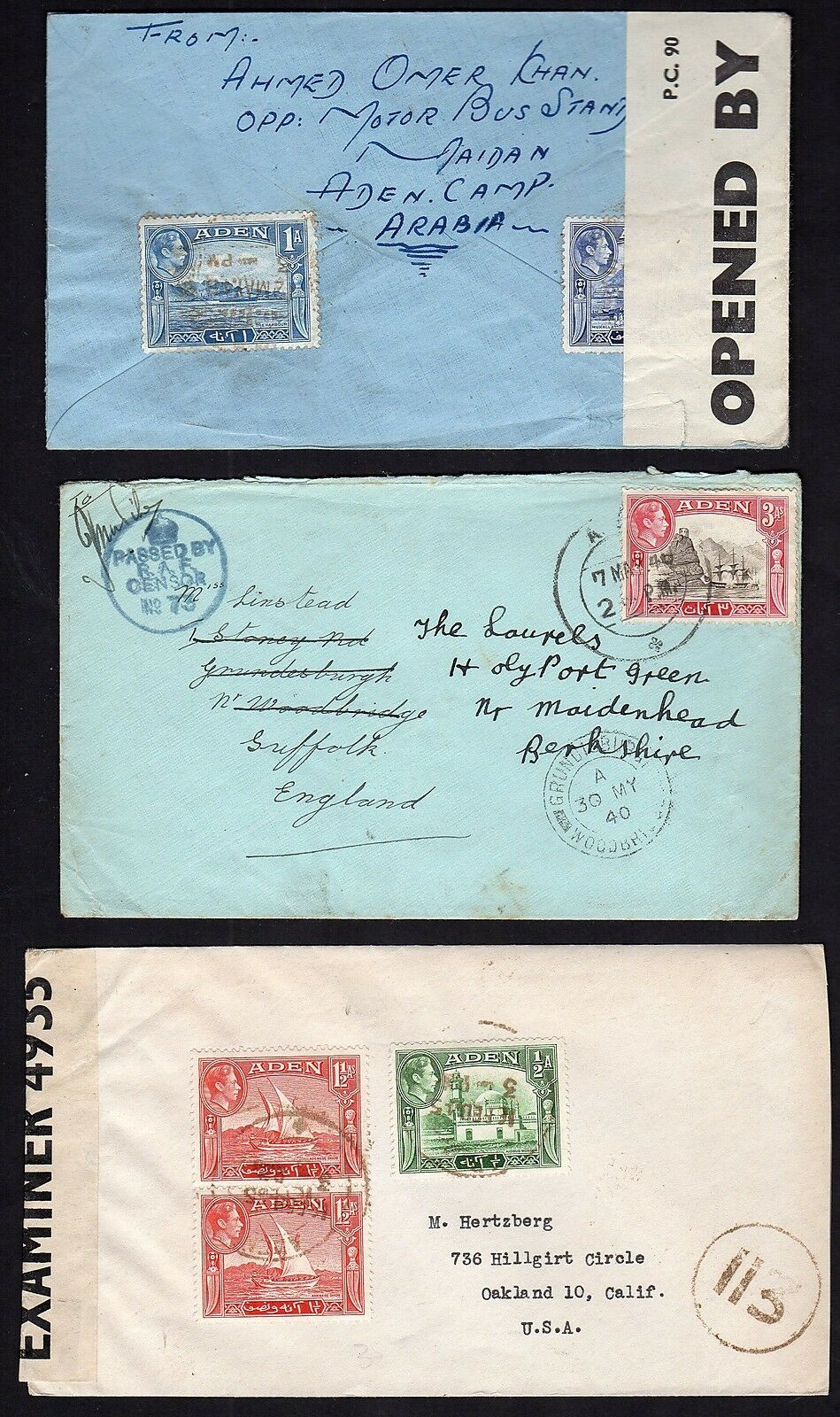 Aden 1950's Three Censored Commercial Covers One To Uk & Two To Us Different