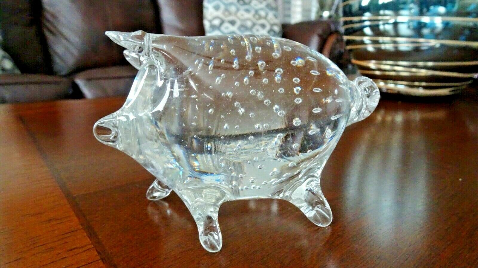 Vintage Hand Blown Clear Controlled Bubble Pig Figurine Animal Art Glass