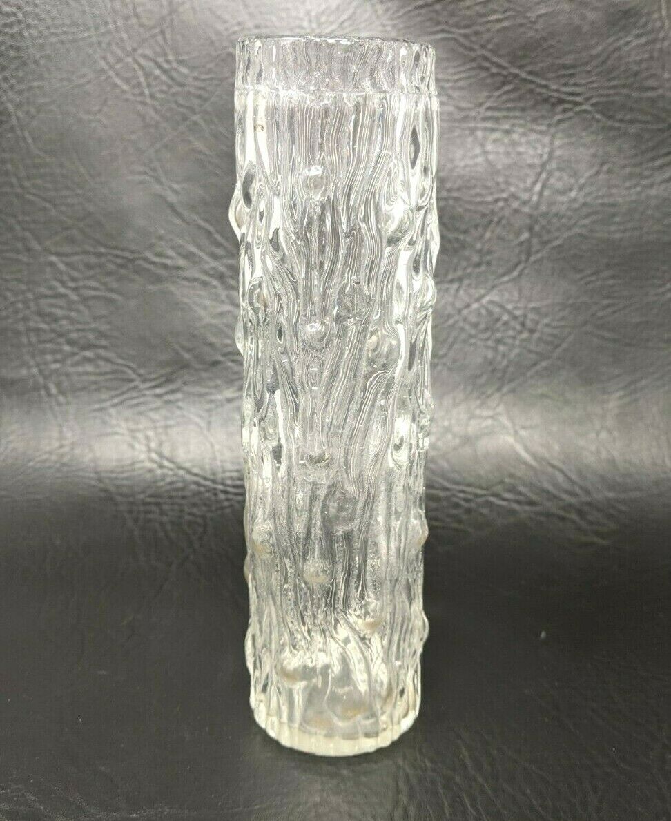 Vtg Mcm Whitefriars? Clear Textured Bark Art Glass 8" Cylindrical Vase Gz20